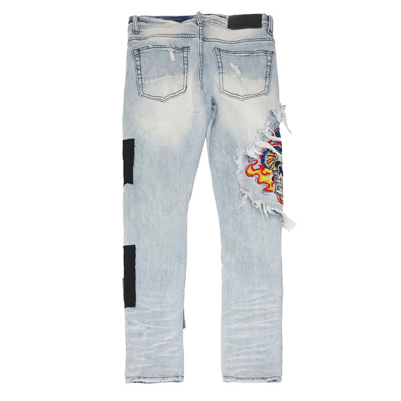 GFTD LA Los Angeles Men's Ezra Skinny Fit Embroidered Skull Distress Rip Jeans - Picture 6 of 6